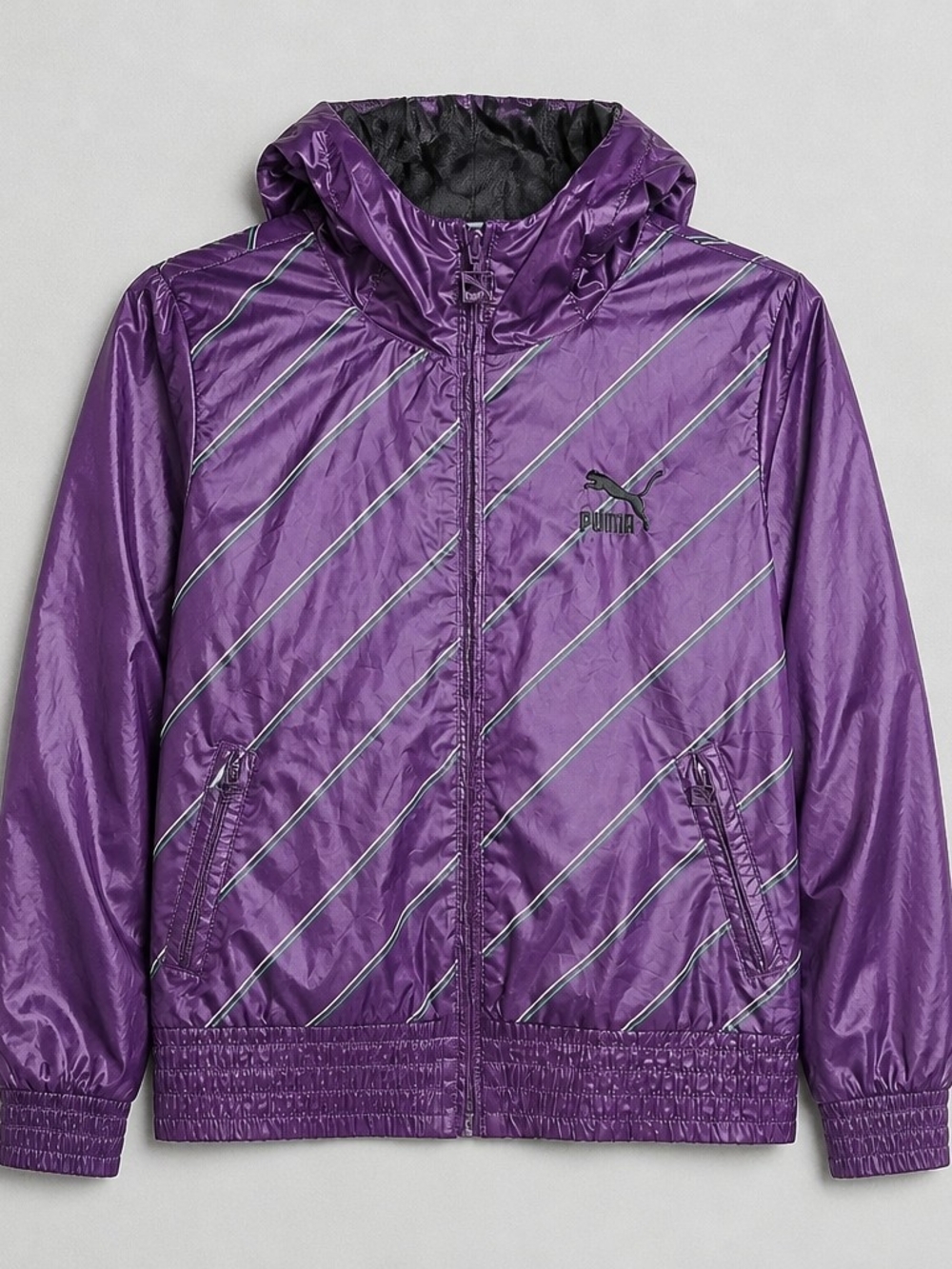 Puma Lifestyle Purple Hooded Windbreaker Jacket Striped Fits S>M Vintage Style